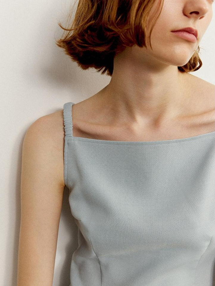 someonesometimes Zipper Ruffle Trim Slim Fit Cropped Light Blue Polyester Camisoles