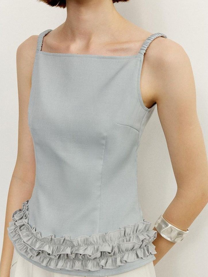 someonesometimes Zipper Ruffle Trim Slim Fit Cropped Light Blue Polyester Camisoles